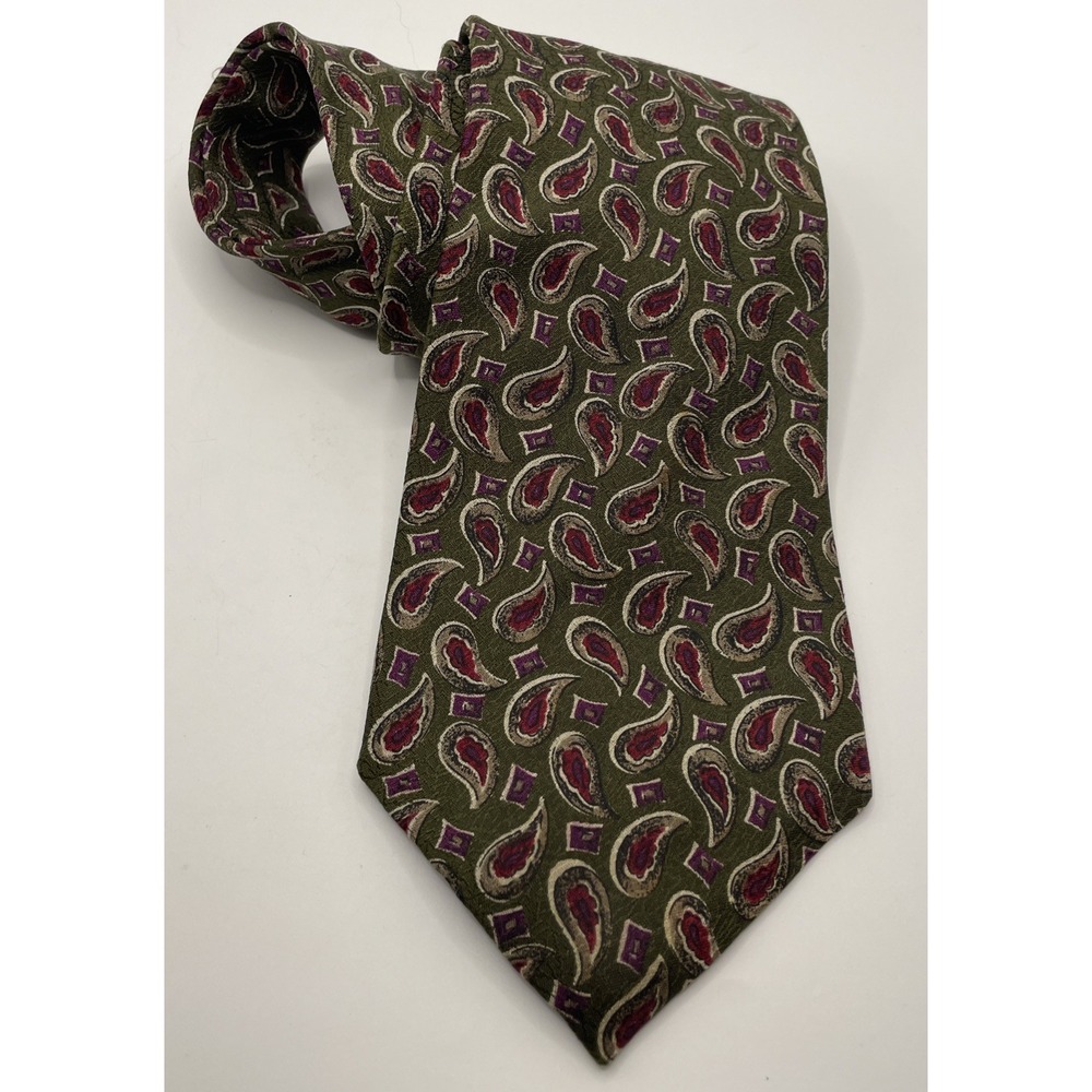 Authentic  CRISTIAN DIOR 100% Silk Olive Red Paisley Pattern‎ Neck Tie  60" X 4"